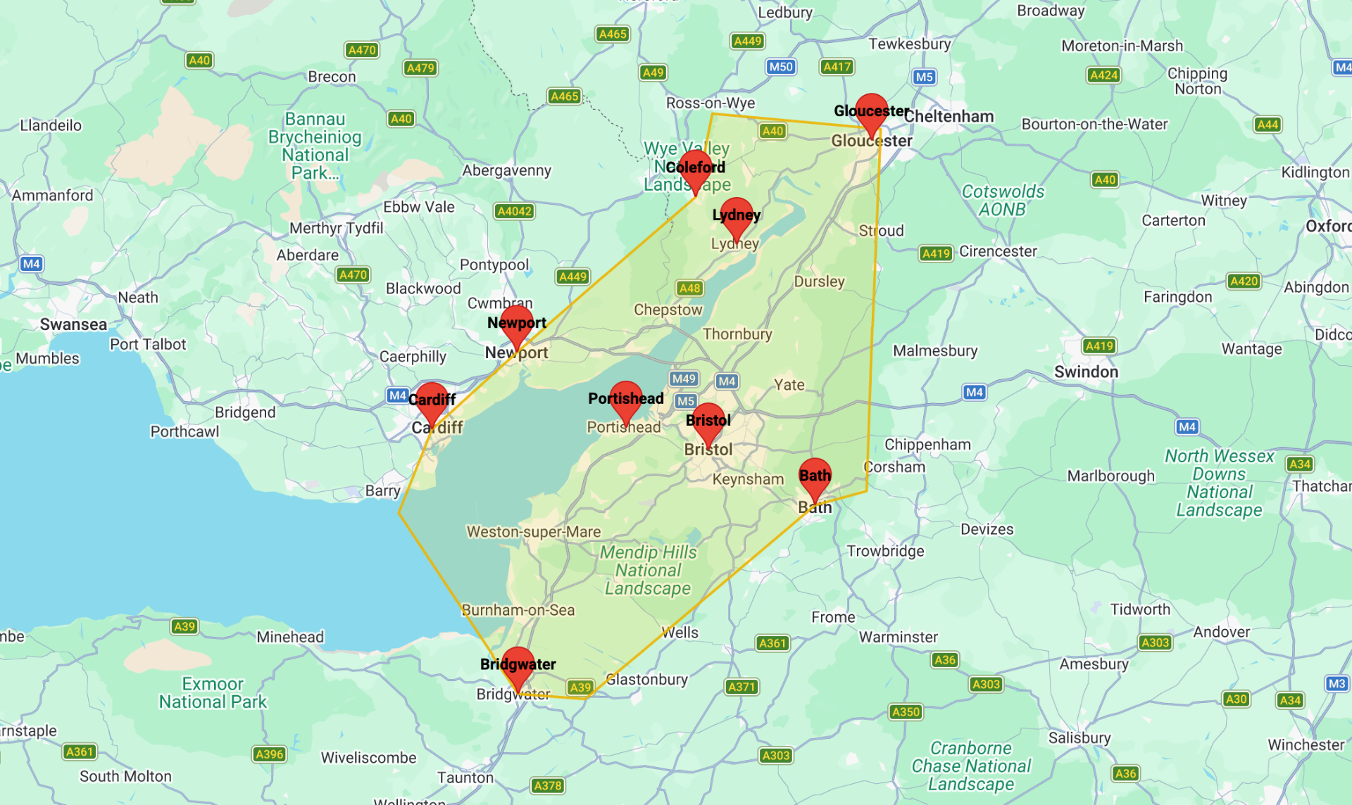 Map of Masterkey locksmith coverage across Gloucester, Lydney, Coleford, Newport, Cardiff, Portishead, Bristol, Bath and Bridgwater